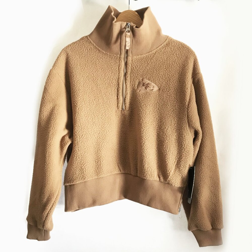 NWT NFL Kansas City Chiefs Half Zip Sherpa Fleece Brown Cropped Sweater Small